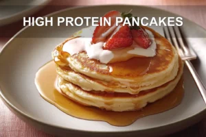 HIGH PROTEIN PANCAKES centered hero view, clean and uncluttered