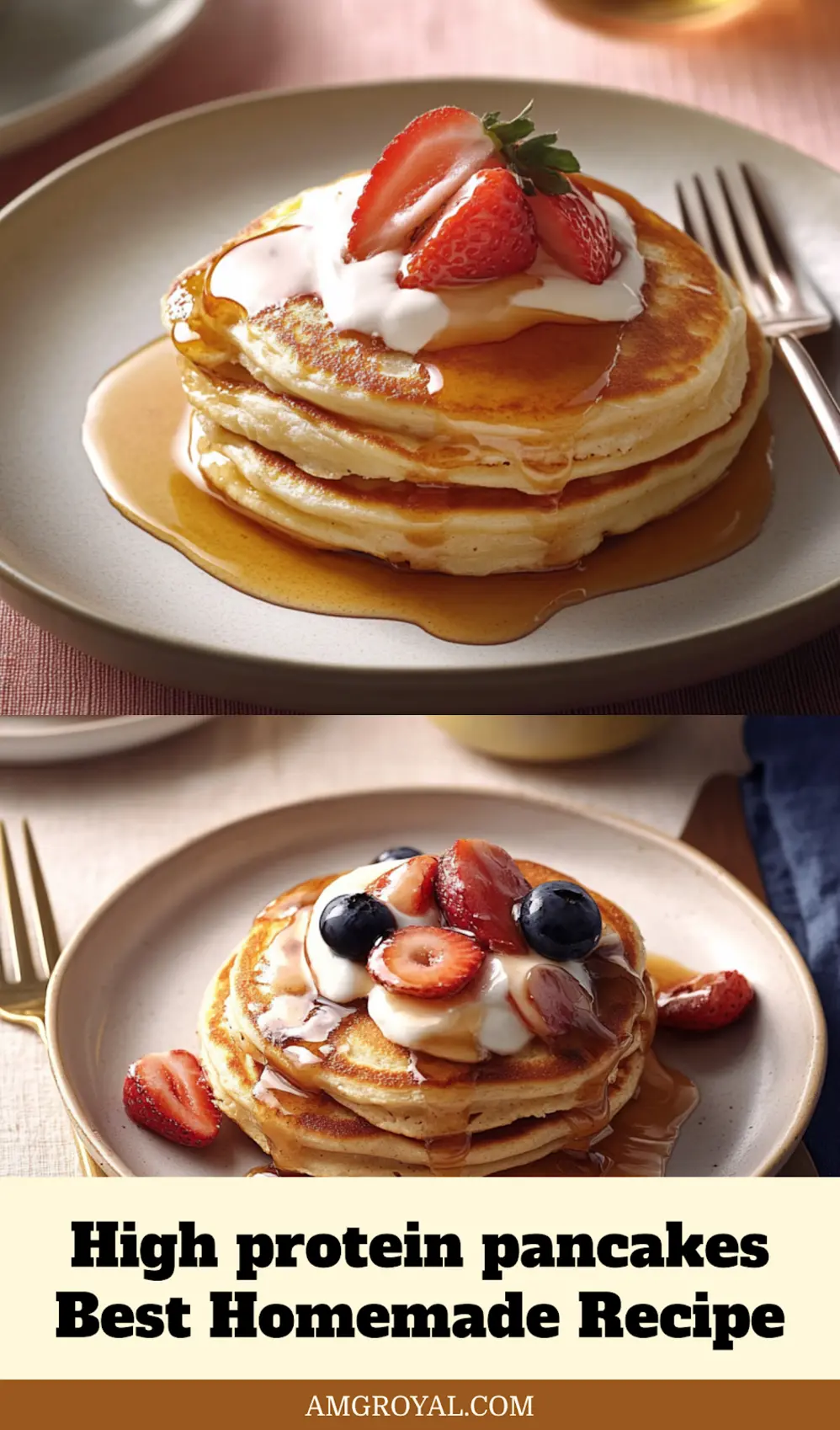 Stack of high protein pancakes with toppings like yogurt and berries for a delicious healthy breakfast