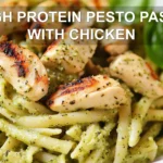 HIGH PROTEIN PESTO PASTA WITH CHICKEN centered hero view, clean and uncluttered