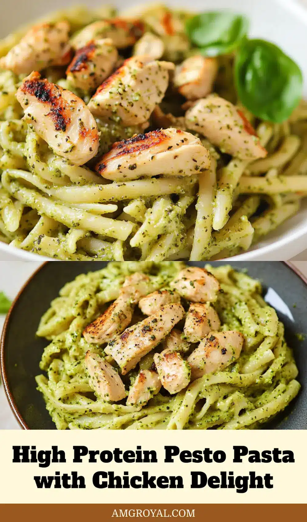 High Protein Pesto Pasta with Chicken: Easy and Delicious 5 Delicious plated serving of high protein pesto pasta with chicken garnished with parmesan and herbs