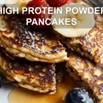 HIGH PROTEIN POWDER PANCAKES centered hero view, clean and uncluttered