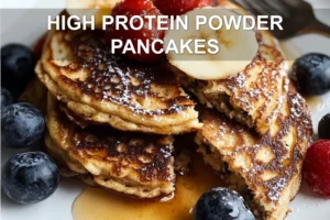 HIGH PROTEIN POWDER PANCAKES centered hero view, clean and uncluttered