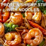 HIGH PROTEIN SHRIMP STIR FRY WITH NOODLES centered hero view, clean and uncluttered