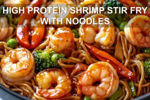 High-Protein Shrimp Stir Fry with Noodles: Easy Delicious Meal HIGH PROTEIN SHRIMP STIR FRY WITH NOODLES centered hero view, clean and uncluttered