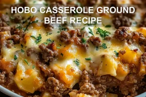 HOBO CASSEROLE GROUND BEEF RECIPE centered hero view, clean and uncluttered