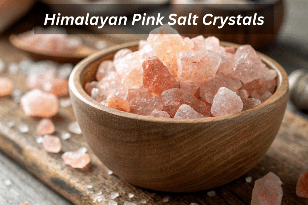 Himalayan pink salt crystals in a wooden bowl