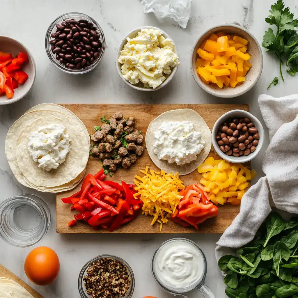 30g Protein Breakfast Burrito Recipe: Delicious Epic Fuel 4 Ingredients layout for 30g protein breakfast burrito with eggs, turkey sausage, cheese, and tortillas
