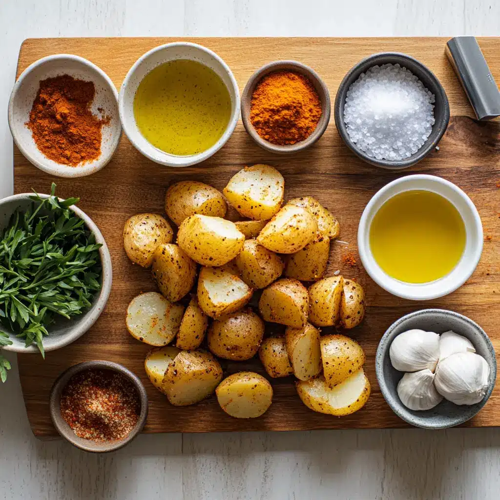 Air Fryer Crispy Baby Potatoes: Simple and Irresistible 4 Ingredients for air fryer crispy baby potatoes including herbs, olive oil, garlic powder, and sea salt next to whole baby potatoes