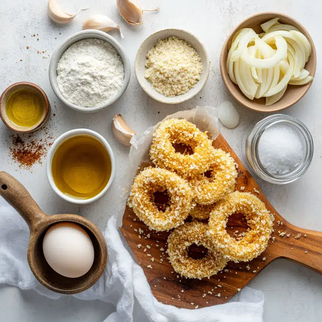 Air Fryer Crispy Onions: Simple Delicious Recipe 4 Ingredients for AIR FRYER CRISPY ONIONS including sliced yellow onions, egg, flour, and seasonings on a wooden table