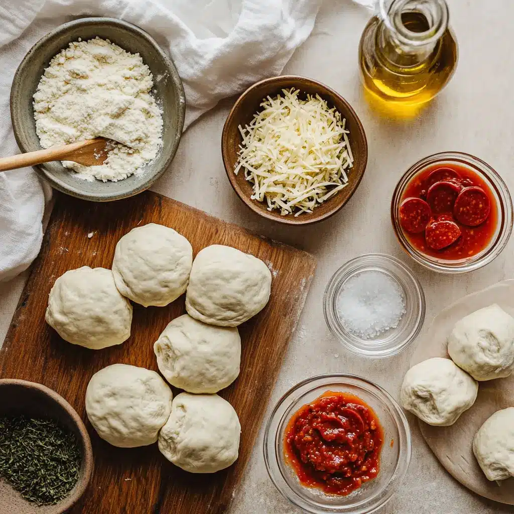 Air Fryer Pizza Rolls: Easy and Tempting Snacks Anytime 4 Ingredients for making air fryer pizza rolls, including pizza dough, cheese, and pepperoni, laid out on a white napkin