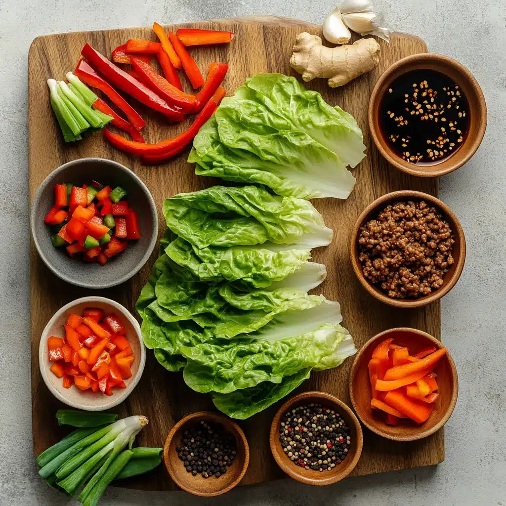 Asian-Inspired Ginger Beef Lettuce Wraps: Simple & Delicious 4 Ingredients laid out for Asian-inspired ginger beef lettuce wraps including ground beef, fresh ginger, garlic, red bell pepper, and lettuce