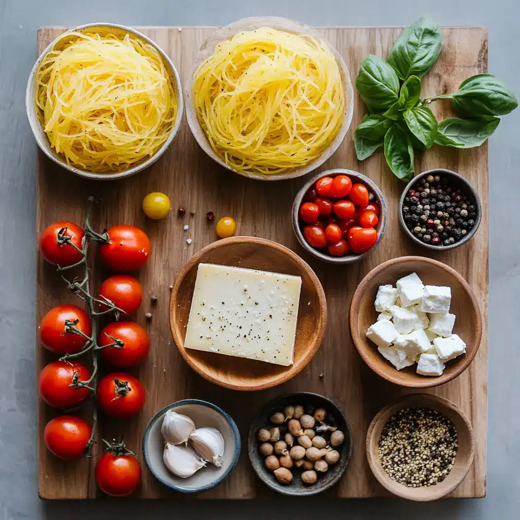 Baked Feta Spaghetti Squash: Easy and Irresistible Recipe 4 Ingredients laid out for baked feta spaghetti squash including cherry tomatoes, feta, squash, and seasonings
