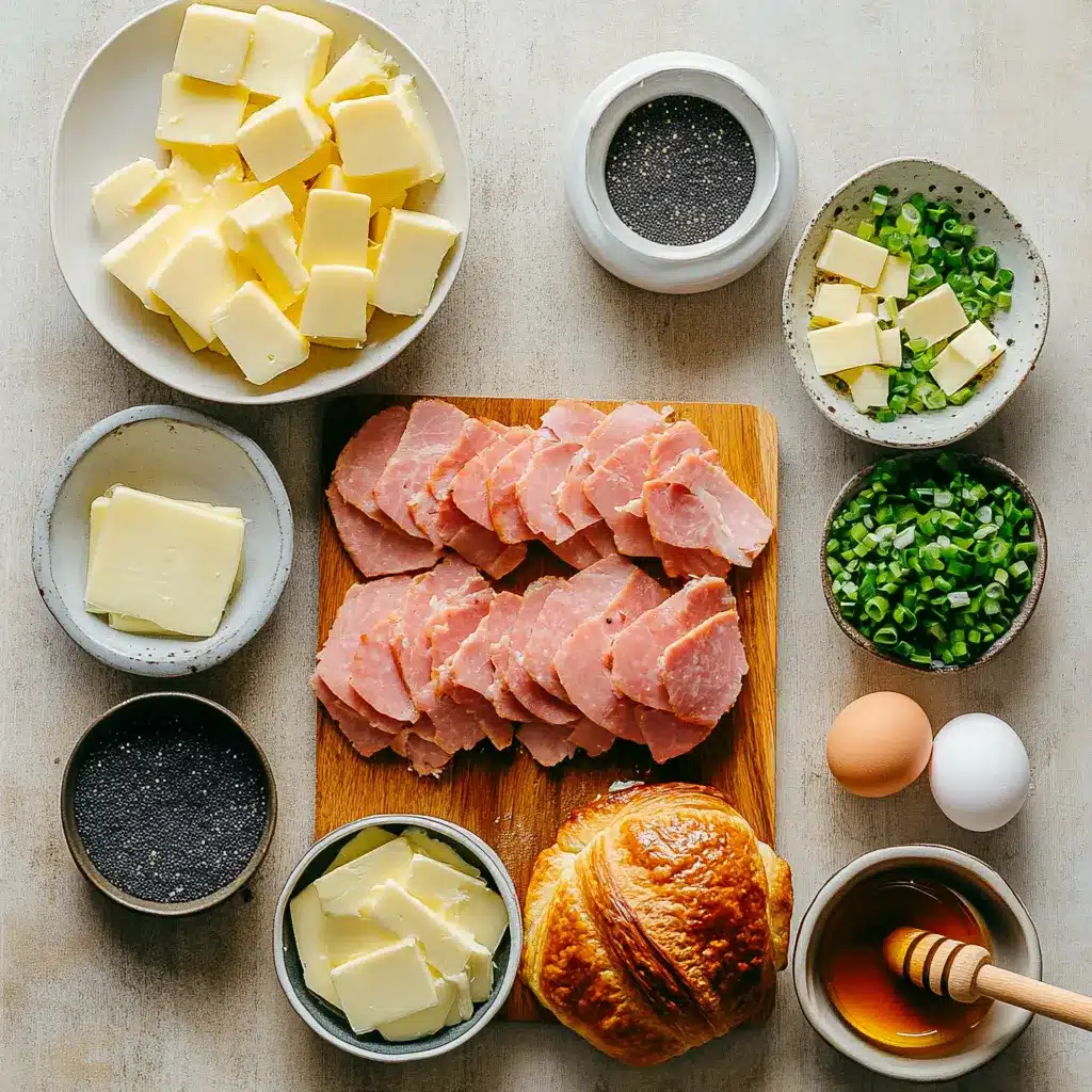 Baked Ham and Cheese Croissants: Irresistibly Simple Recipe 4 Ingredients for baked ham and cheese croissants arranged on counter including croissants, ham, cheese, and green onions