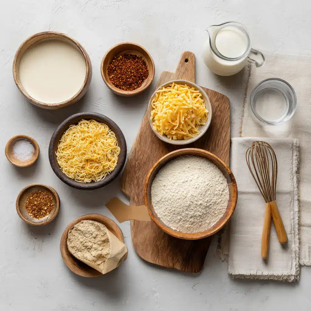 Baked Mac and Cheese Recipe Magic Comfort at Heart 4 Ingredients for baked mac and cheese recipe including sharp cheddar, cream cheese, butter, and pasta in prep bowls