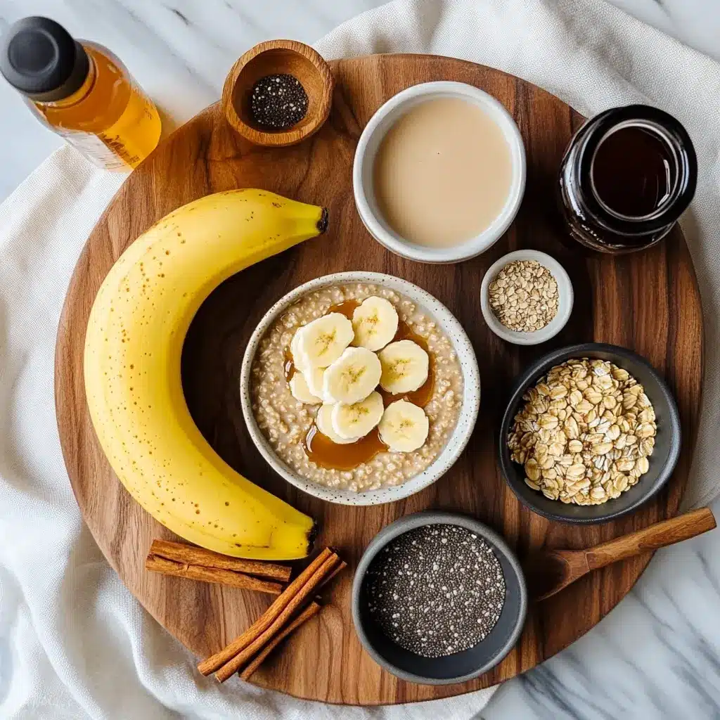 Banana Peanut Butter Overnight Oats: Easy Delicious Recipe 4 Ingredients for banana peanut butter overnight oats including oats, banana, peanut butter, chia seeds, and almond milk