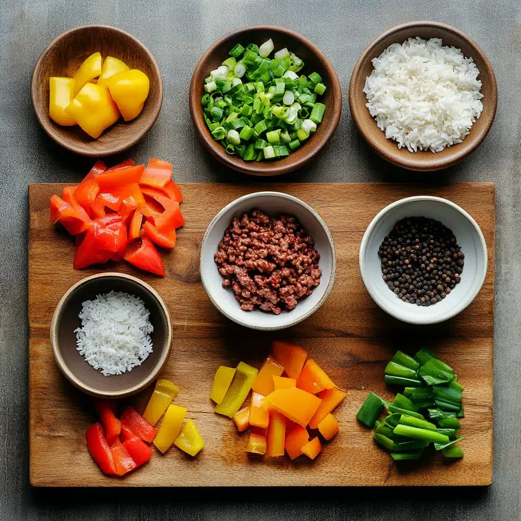 Ingredients for Beef Pepper Rice Bowl including ground beef, sliced bell peppers, jasmine rice, and seasonings