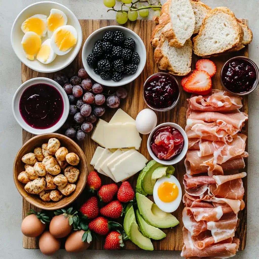 Breakfast Charcuterie Board for Delicious Mornings 4 Overhead view of a breakfast charcuterie board with croissants, berries, cheese, and jam