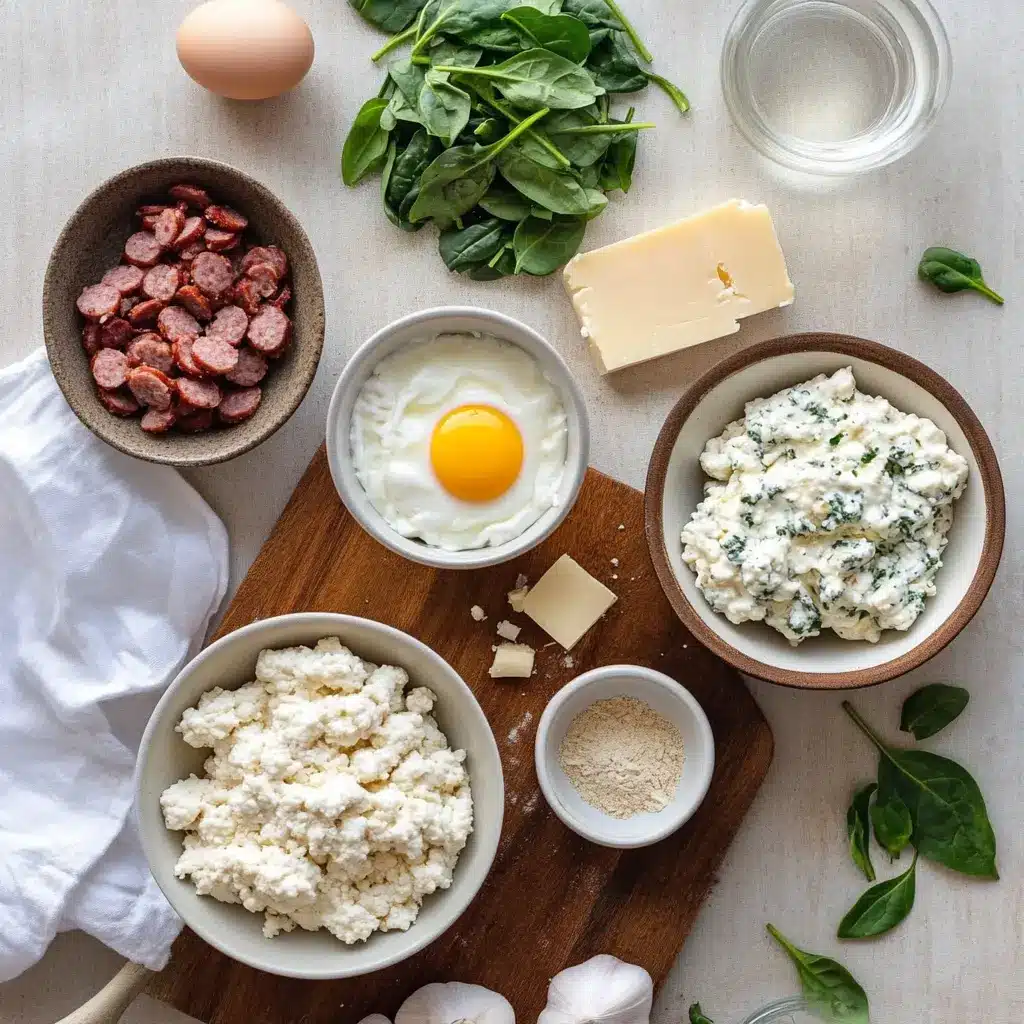 Ingredients for breakfast protein biscuits with warm cheddar, feta, ham, sausage, spinach, chives and basil