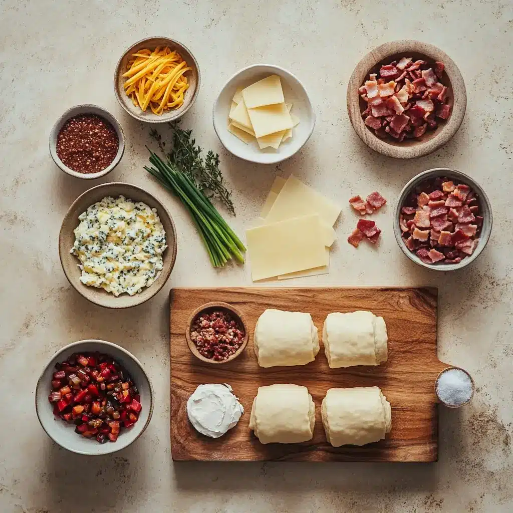 Breakfast Rolls Recipe Easy and Irresistibly Delicious 4 Ingredients neatly arranged for a breakfast rolls recipe including eggs, dough, sausage, cheese, and cream cheese