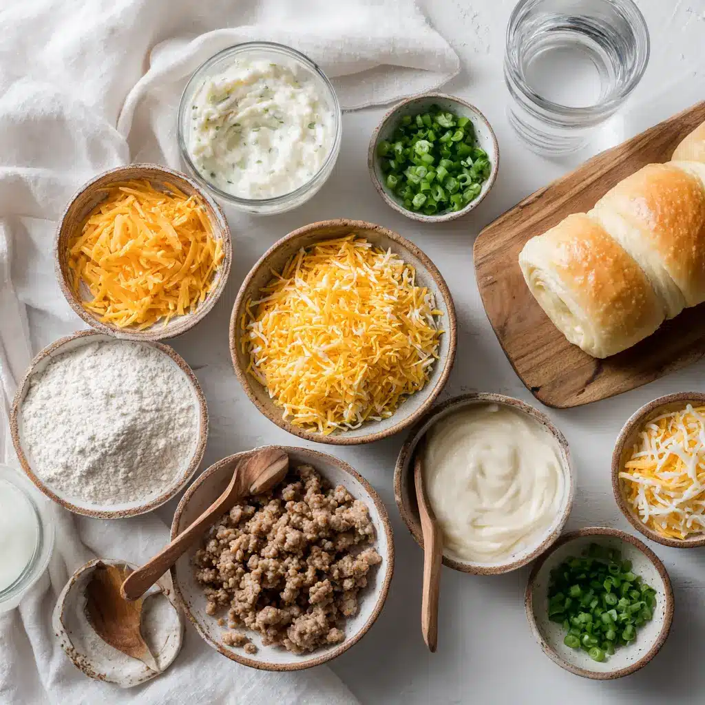 Ingredients for breakfast rolls including sausage, eggs, cheddar cheese, and crescent dough on white napkin
