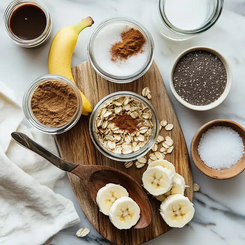 Brown Sugar Overnight Oats: Ultimate Cozy Recipe 4 Ingredients for brown sugar overnight oats including bananas, rolled oats, chia seeds, milk, cinnamon, and brown sugar in bowls