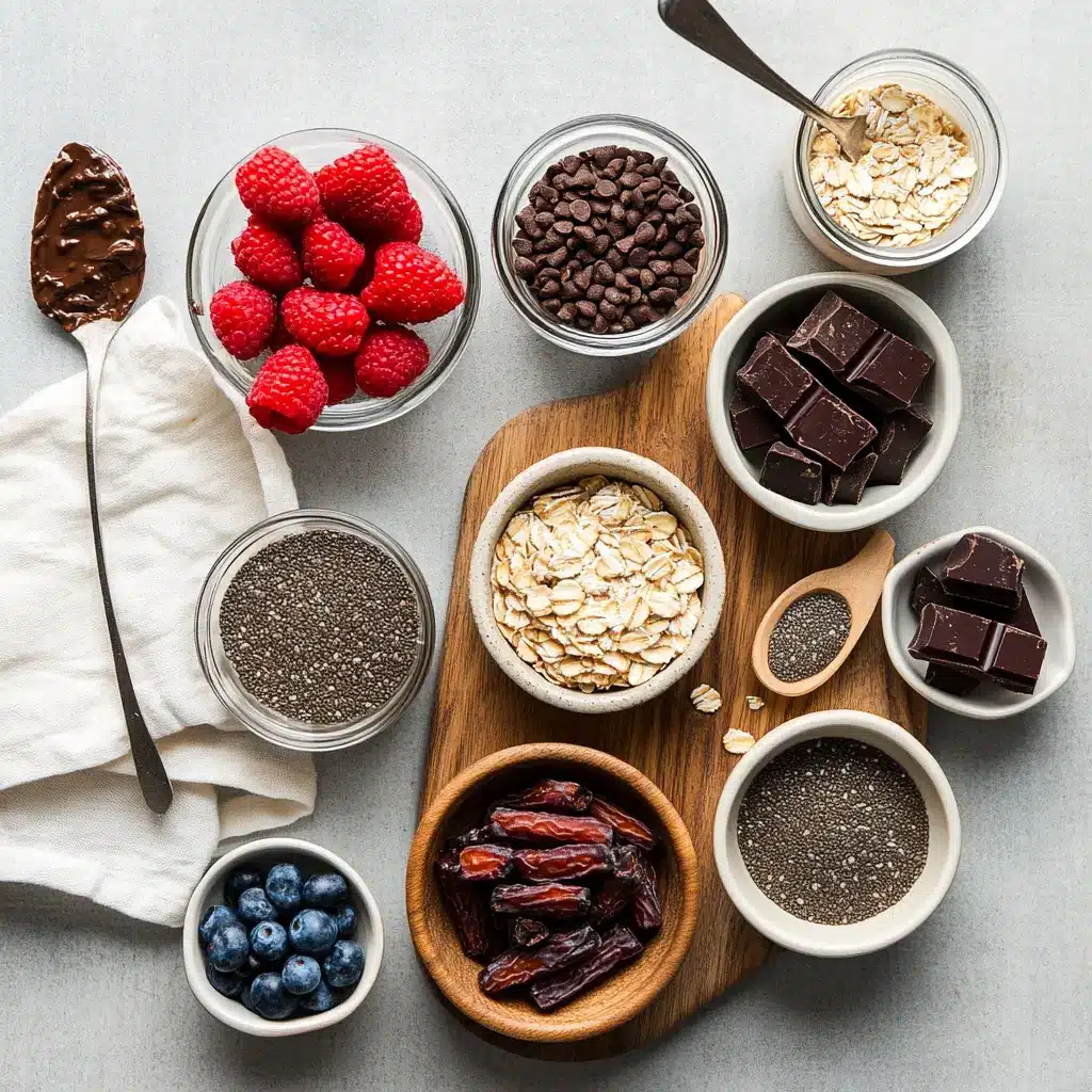 Brownie Batter Overnight Oats: Easy Delicious Breakfast 4 Ingredients for Brownie Batter Overnight Oats including oats, dates, cocoa powder, almond milk, chia seeds, and toppings like berries and coconut flakes