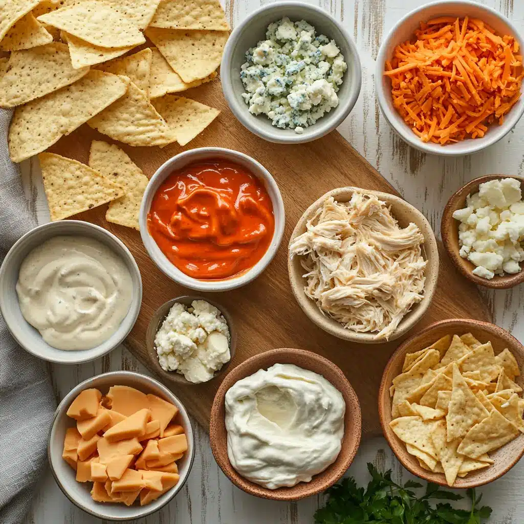 Buffalo Chicken Dip Oven Recipe: A Delicious Easy Must Try 4 Flat lay of ingredients for buffalo chicken dip oven recipe including canned chicken, cheeses, sauces, and spices