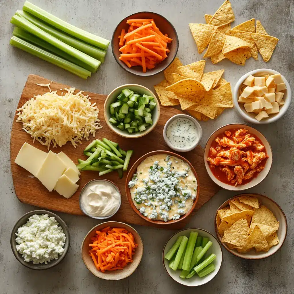 Buffalo Chicken Dip: Irresistible and Easy Recipe 4 Ingredients arranged for buffalo chicken dip including cheeses, buffalo sauce, and chicken on a clean surface
