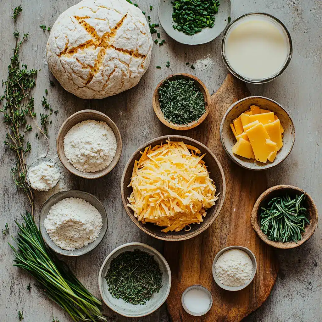Overhead view of cheddar and herb soda bread with ingredients on a wooden surface