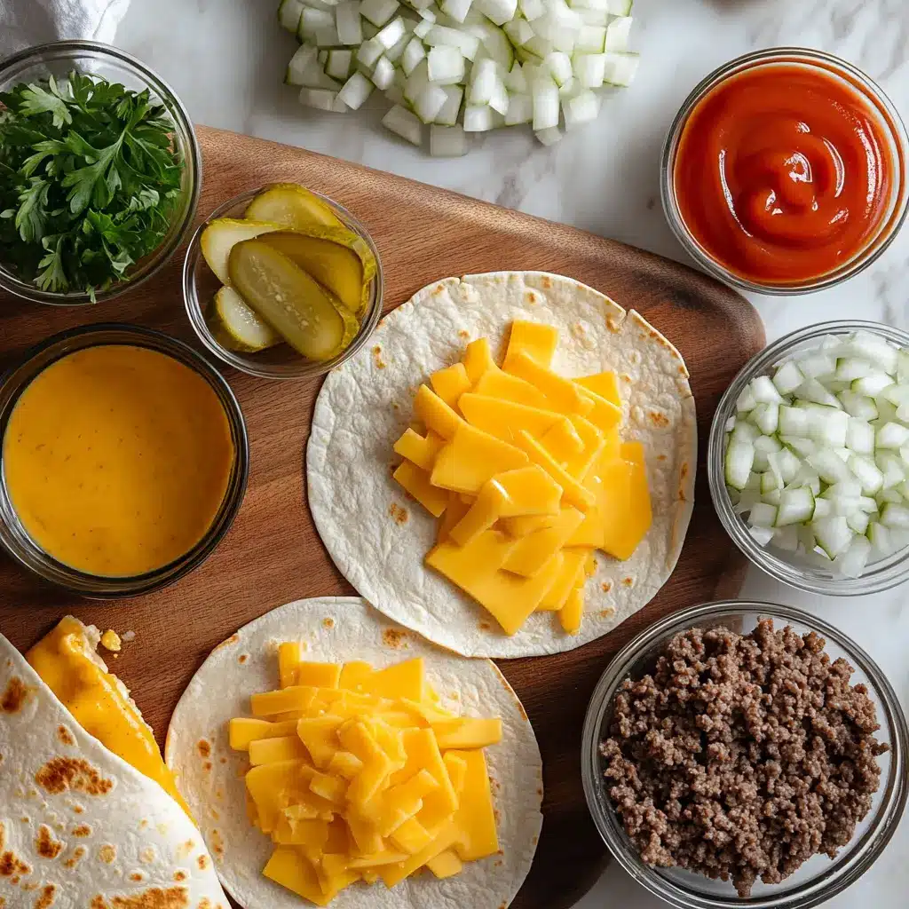 Cheeseburger Quesadilla Quick Easy and Delicious Recipe 4 Ingredients laid out for cheeseburger quesadilla including tortillas, cheese, ground beef, and condiments