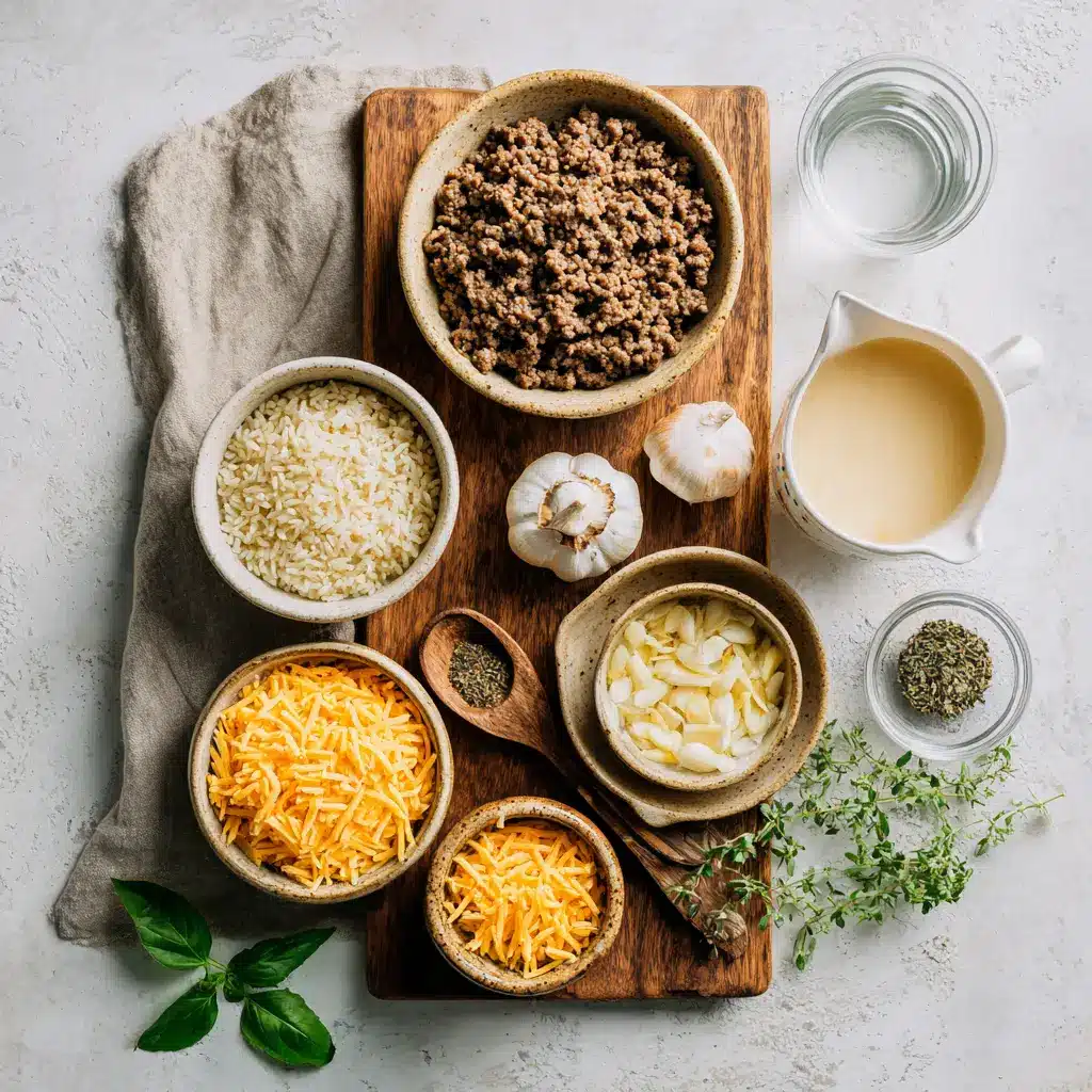 Ingredients for CHEESY HAMBURGER RICE CASSEROLE including ground beef, cheddar, rice, and broth - pantry-friendly, easy dinner recipe
