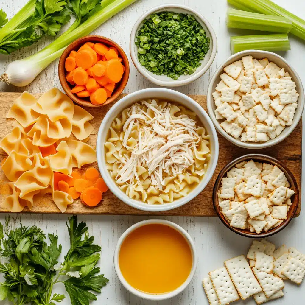 Chick Fil A Chicken Noodle Soup Recipe Easy Delicious Guide 4 Ingredients laid out for the Chick Fil A chicken noodle soup recipe including egg noodles, chicken, and vegetables
