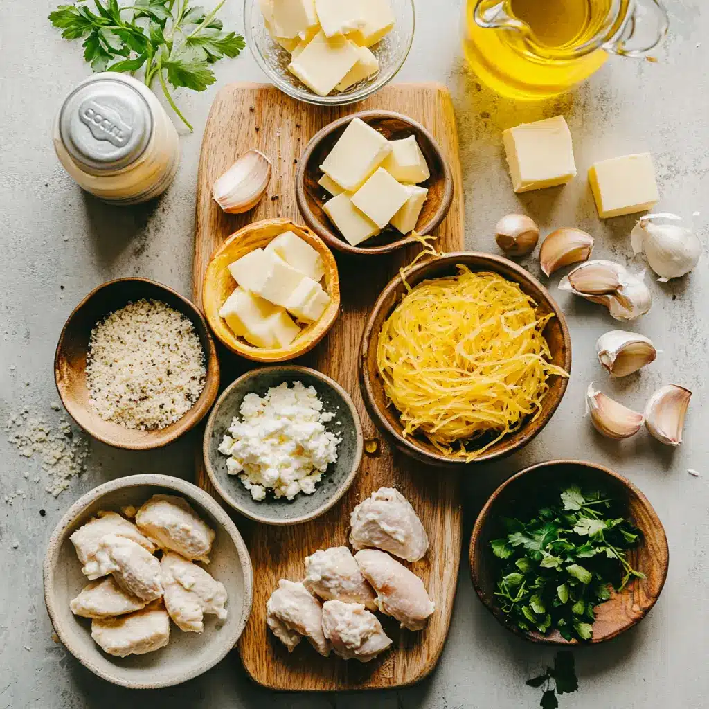 Chicken Alfredo Spaghetti Squash Recipe: Irresistibly Simple 4 Overhead view of ingredients laid out for chicken Alfredo spaghetti squash including squash, rotisserie chicken, cheese and cream