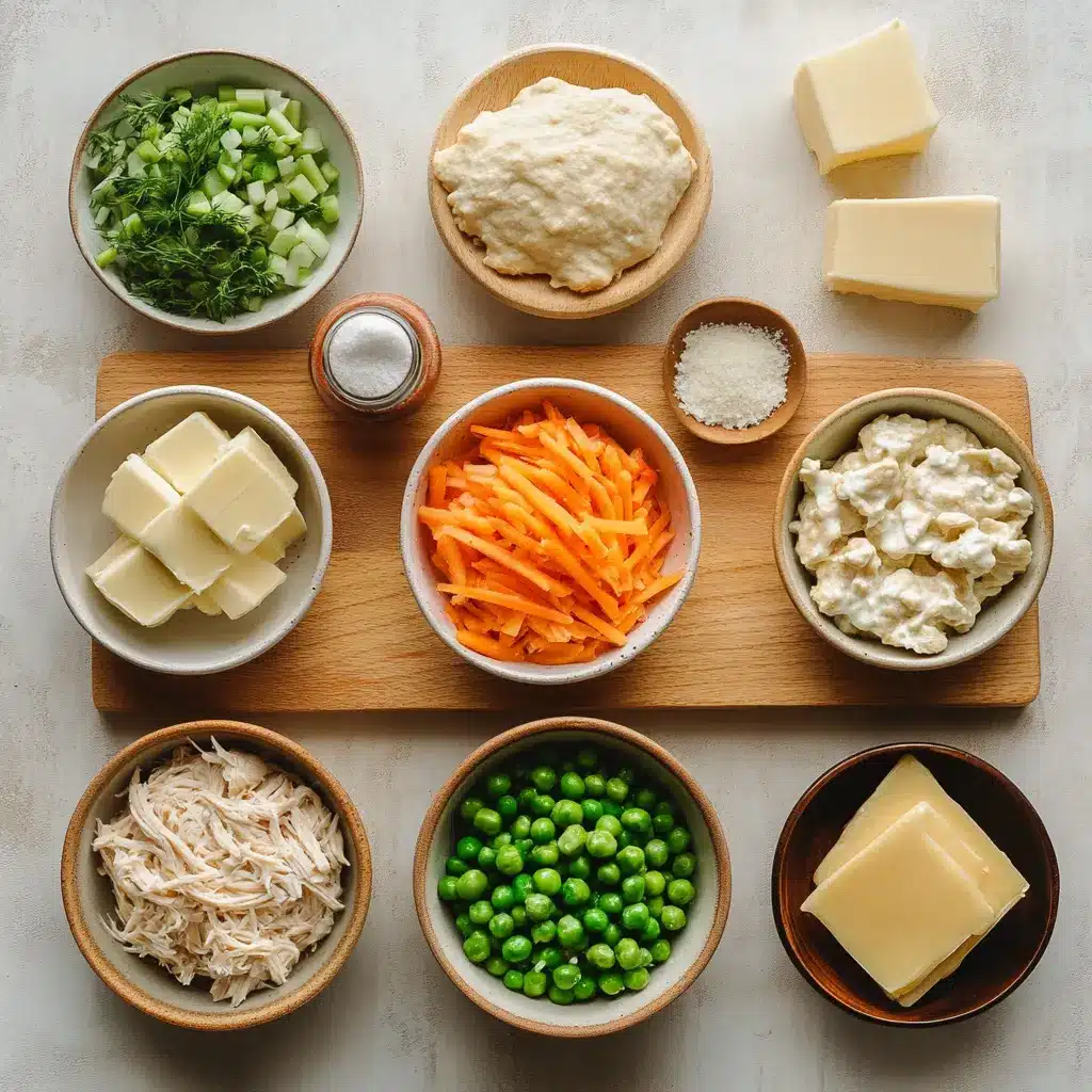 Chicken Cobbler Recipe: Easy Comforting Dish 5 Ingredients for Chicken Cobbler: rotisserie chicken, vegetables, soup, and biscuit mix arranged neatly