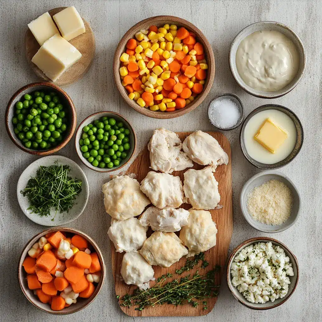 Chicken Cobbler with Red Lobster Biscuits: Delicious Easy Feast 5 Ingredients neatly arranged for Chicken Cobbler with Red Lobster Biscuits: chicken, vegetables, biscuit mix, and seasonings