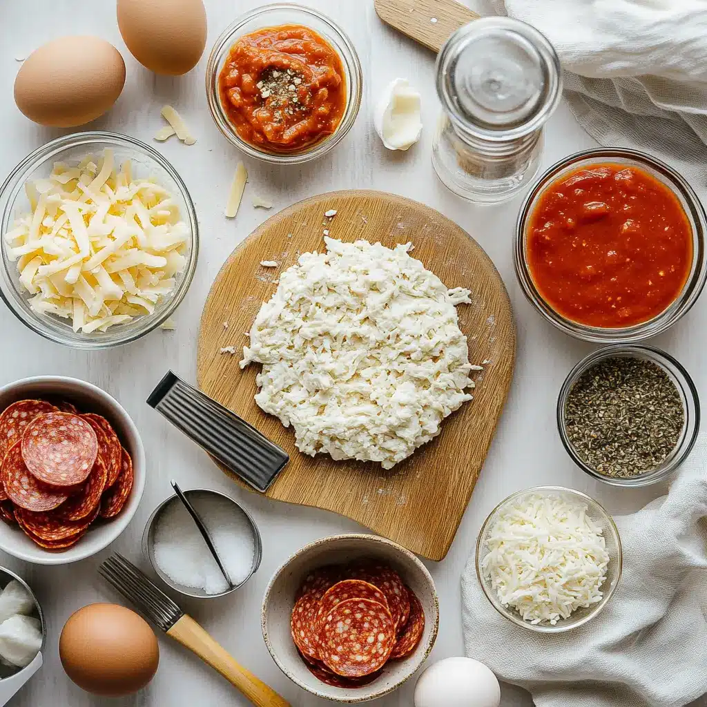 Chicken Crust Pizza Easy Low Carb Recipe: Deliciously Simple 3 Chicken crust pizza ingredients laid out on a counter including ground chicken, parmesan, eggs, and seasonings