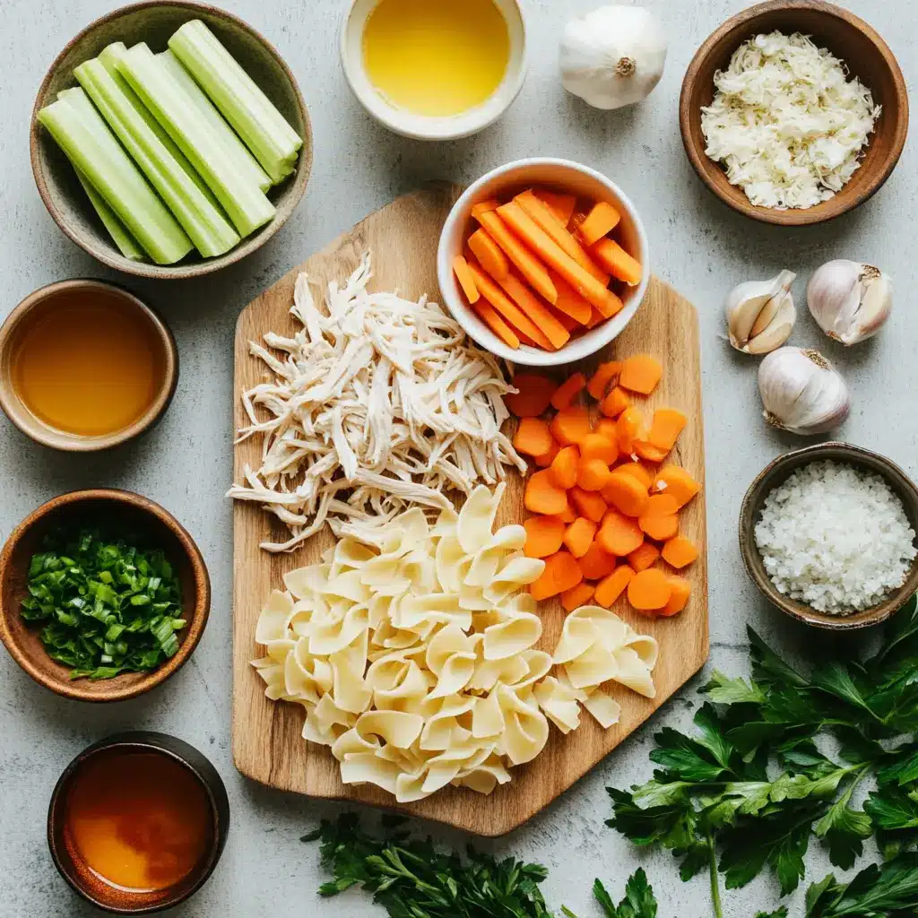Chicken noodle soup ingredients laid out on a clean countertop including chicken, vegetables, egg noodles, and herbs