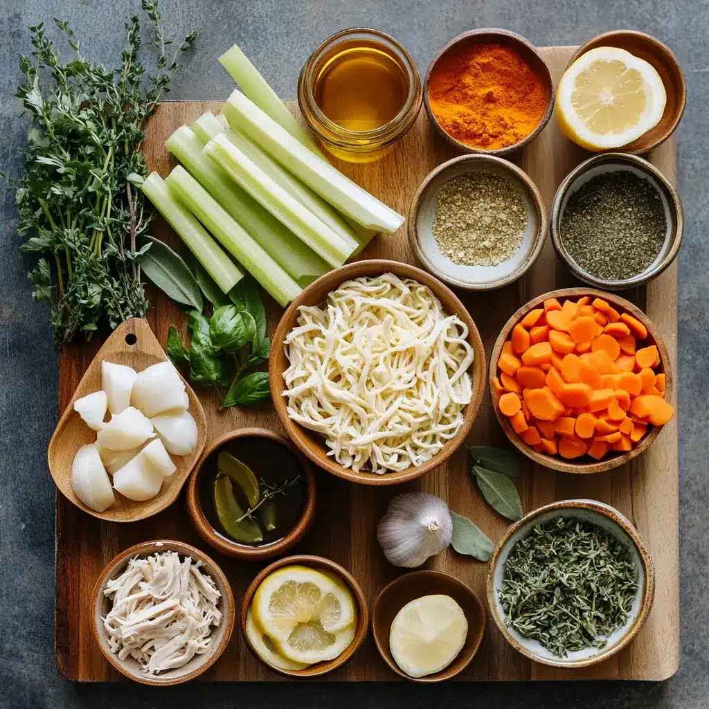 Chicken Noodle Soup Ultimate Cozy Comfort Food Recipe 4 Flat lay of ingredients for CHICKEN NOODLE SOUP including carrots, celery, noodles, herbs and raw chicken thighs