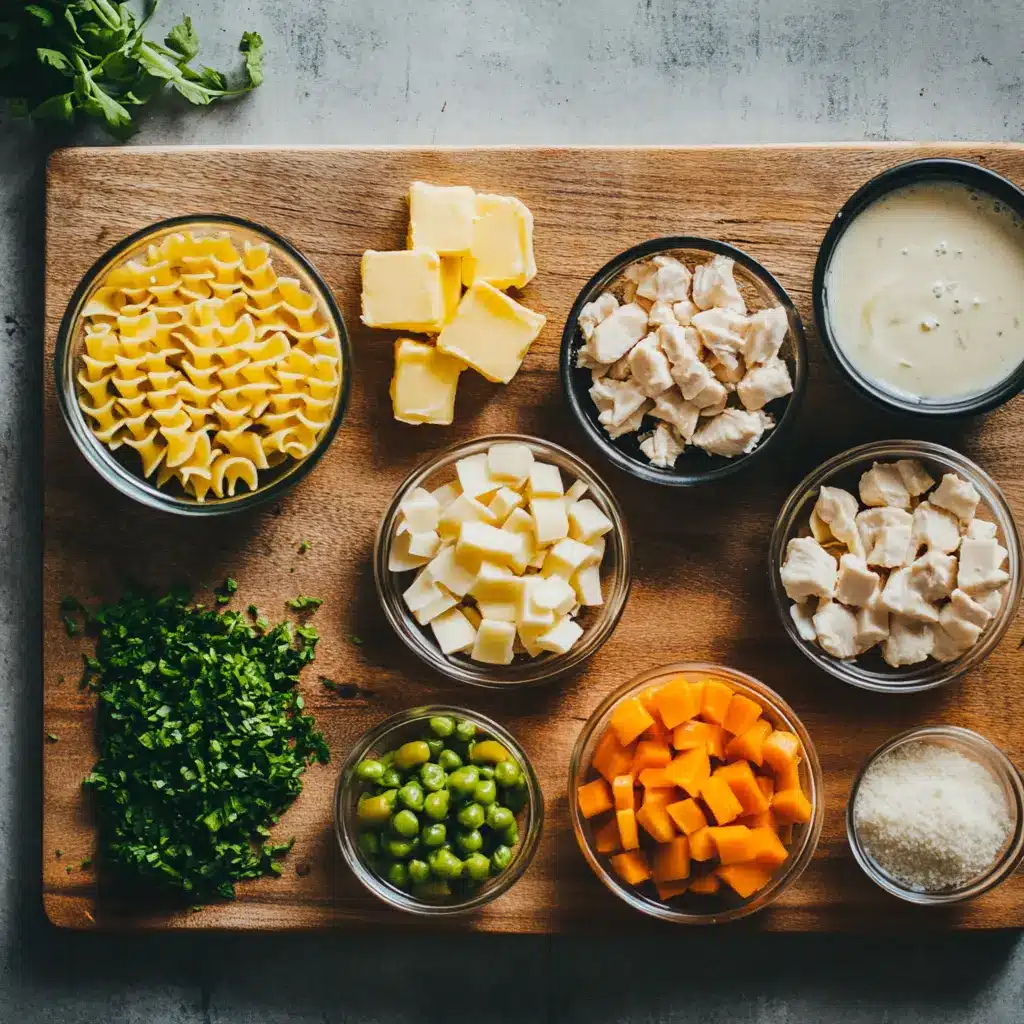 Chicken Pot Pie Pasta: Quick Comforting Family Meal 5 Overhead view of cooked chicken pot pie pasta ingredients, including rotisserie chicken, egg noodles, and frozen vegetables