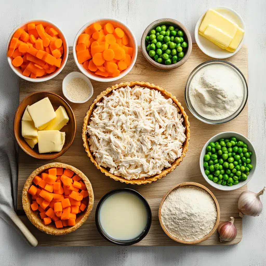 Chicken Pot Pie with Flaky Crust: Delicious and Easy 4 Ingredients for homemade chicken pot pie with flaky crust carefully arranged on a white counter