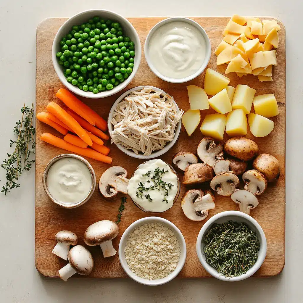 Chicken Pot Pie Easy and Delicious Recipe 5 Ingredients for chicken pot pie including puff pastry, herbs, and vegetables laid out on a table