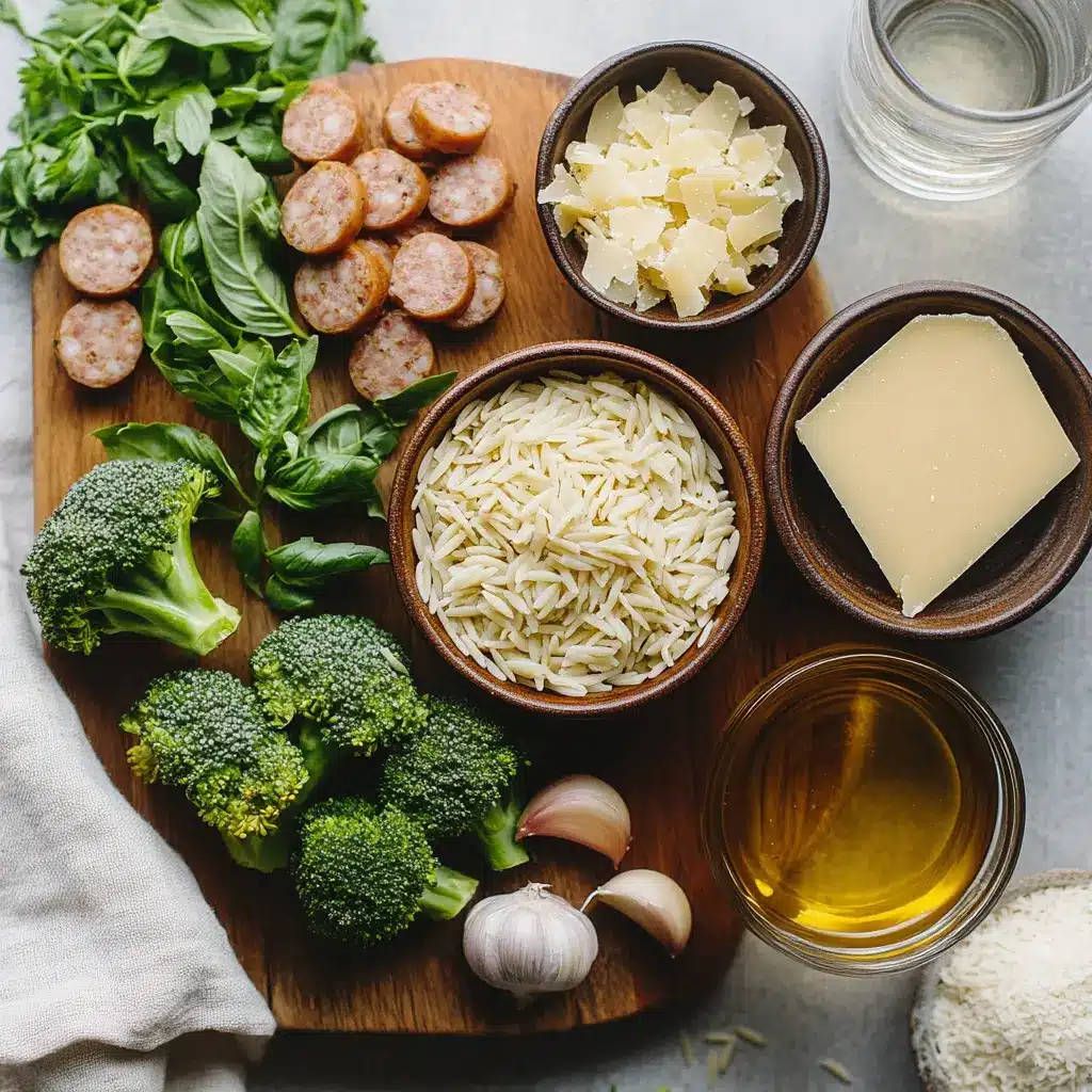 Ingredients for Chicken Sausage and Broccoli Orzo arranged on a countertop with natural lighting