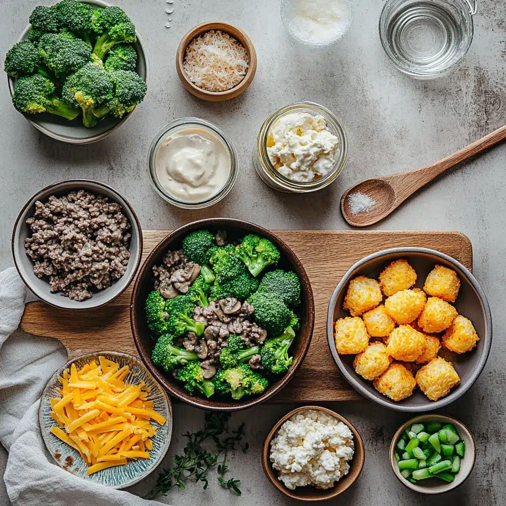Ingredients for Chinese Beef and Broccoli One Pan Take-Out with ground beef, broccoli, cheddar cheese, and tater tots