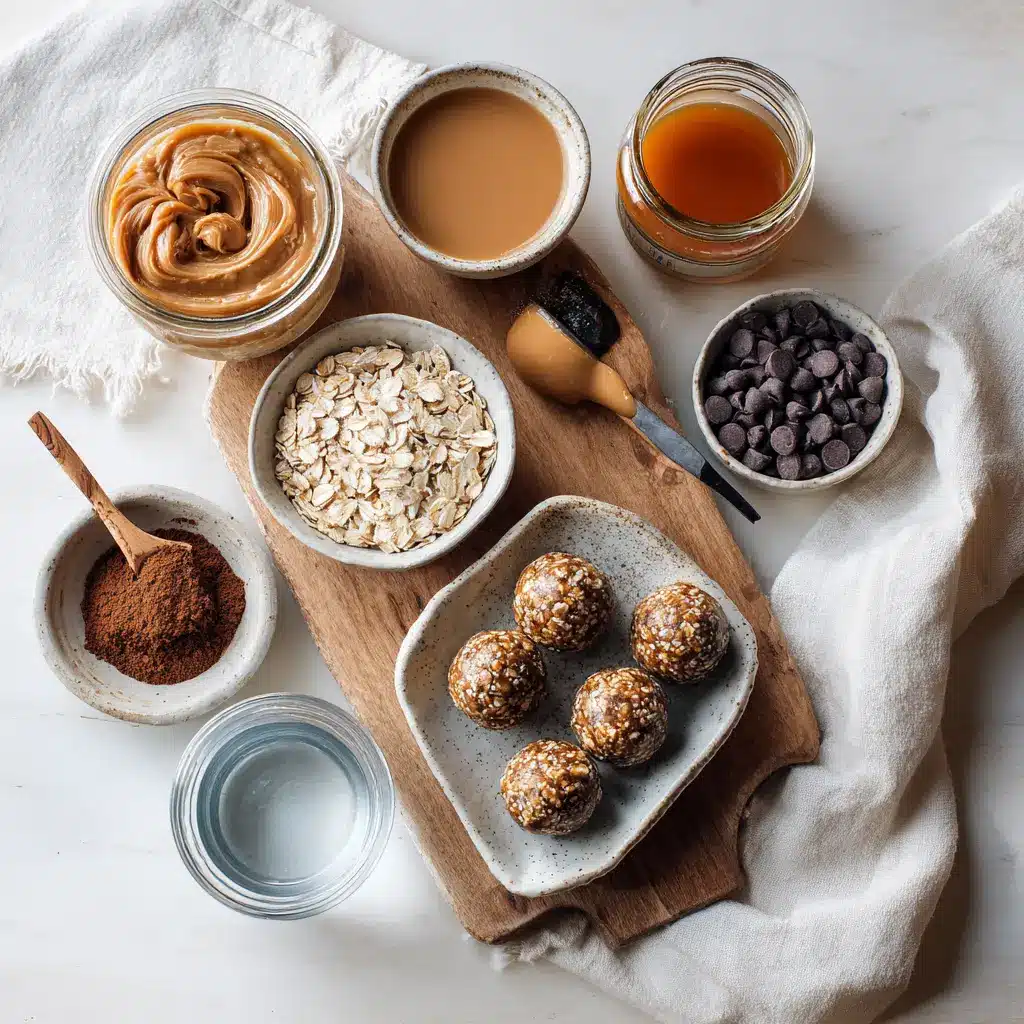 Ingredients for chocolate peanut butter protein balls on white napkin with glass of water and natural lighting