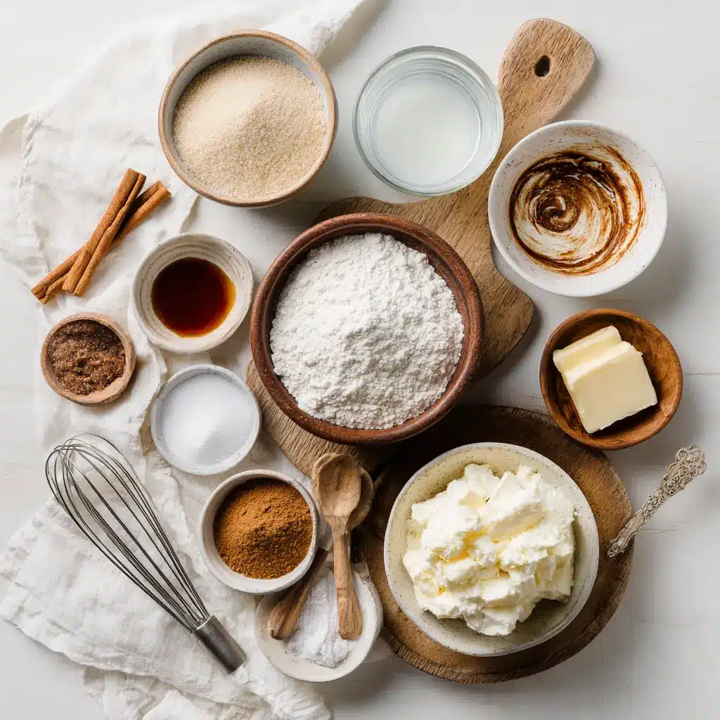 Ingredients for cinnamon roll pancakes including flour, milk, eggs, cinnamon, butter, and vanilla extract laid out on a kitchen counter