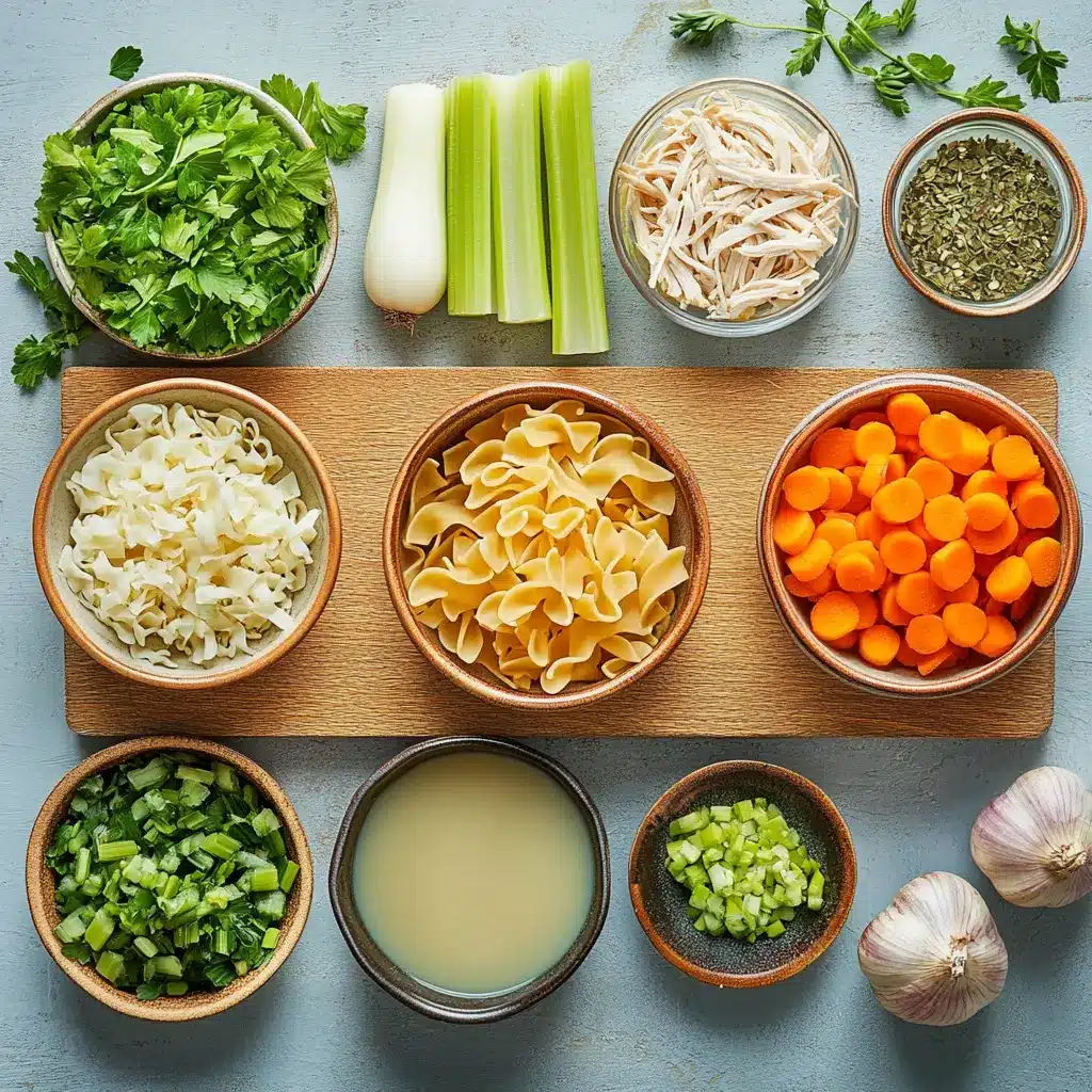 Classic Chicken Noodle Soup Recipe Easy and Delicious 4 Top-down view of chicken noodle soup ingredients neatly arranged on kitchen surface
