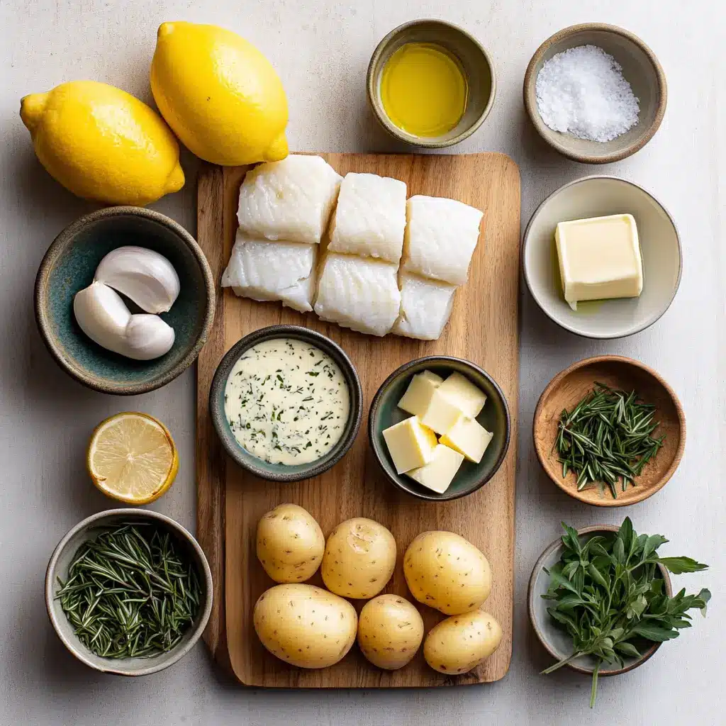 Cod Potatoes in Rosemary Cream Sauce Cozy Dinner Recipe 4 Top-down view of ingredients for cod potatoes in rosemary cream sauce including fish, cream, rosemary, and baby potatoes