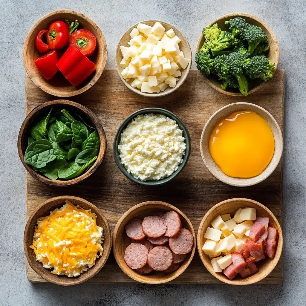 Overhead view of ingredients for cottage cheese egg bites, neatly arranged on kitchen counter