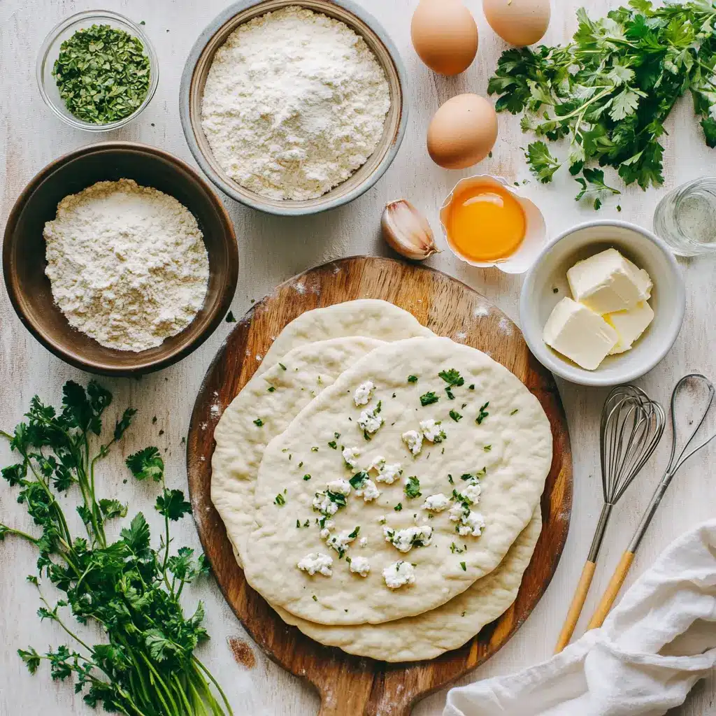Cottage Cheese Garlic Naan: Deliciously Simple Recipe 4 Ingredients for cottage cheese garlic naan: flour, cottage cheese, garlic, and herbs on a white table