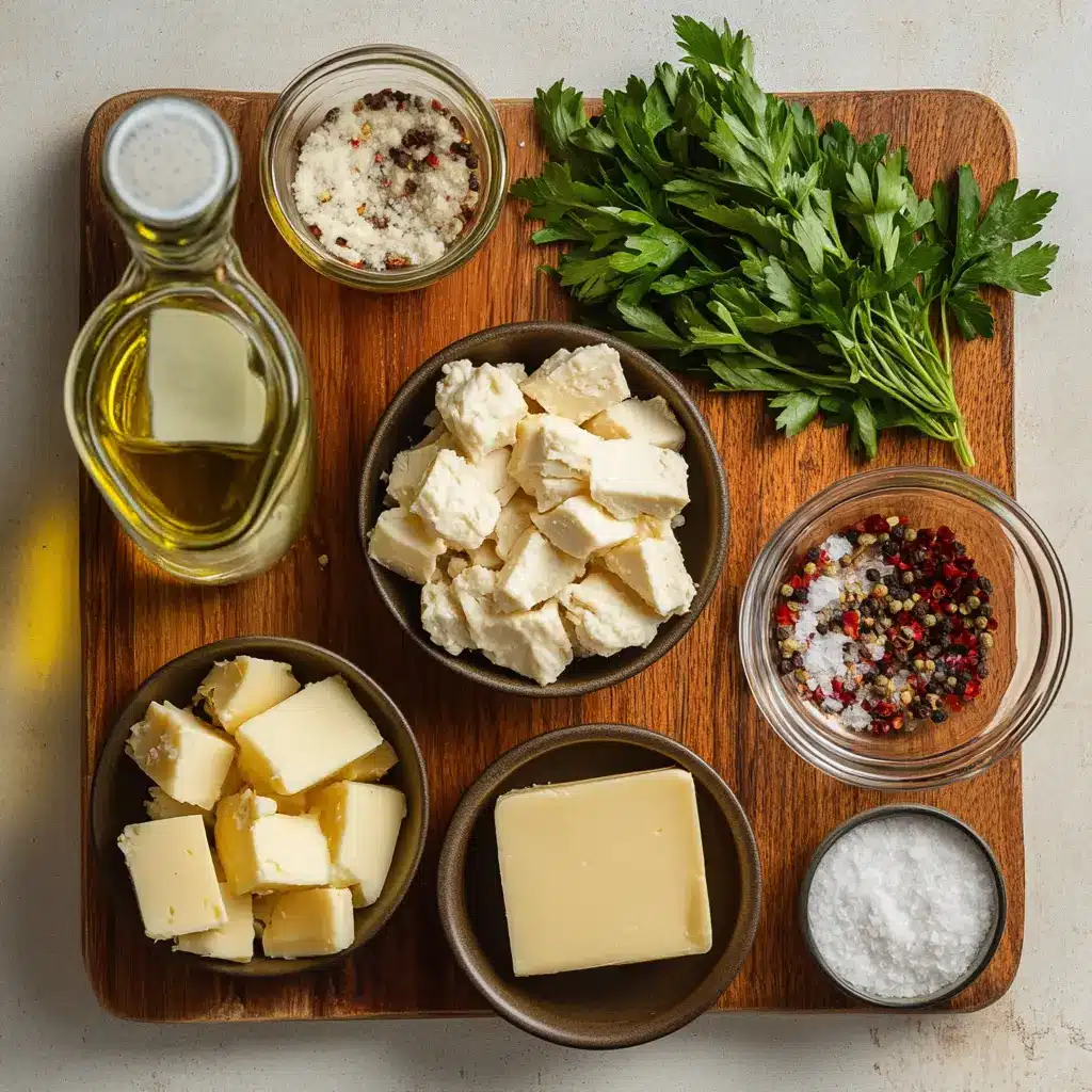 Top view of cream cheese chicken ingredients including chicken breasts, block of cream cheese, herbs, and garlic on a kitchen counter